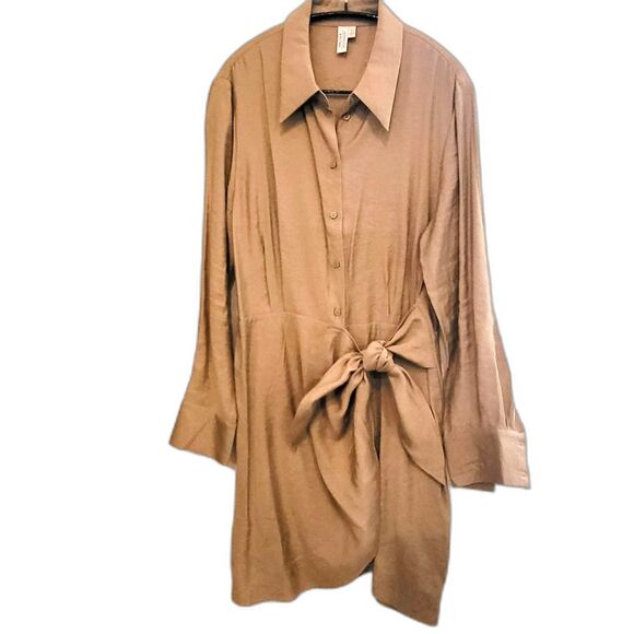 & Other Stories Buttoned Mini Wrap Shirt Dress Long Sleeve Tan 10 - Picture 2 of 10